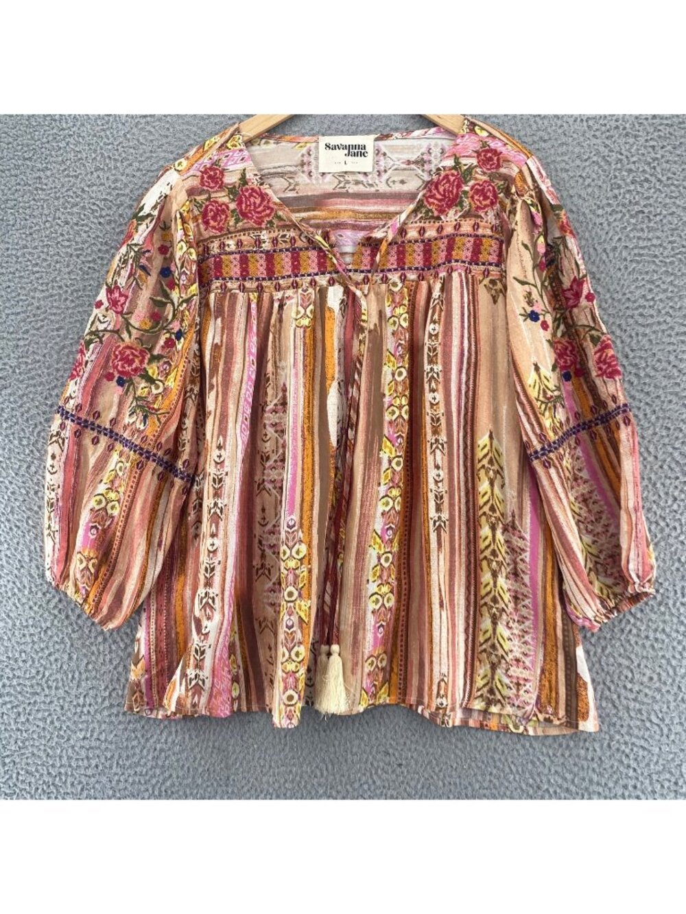 Savanna Jane Top Womens Large Beige Multi Floral Embroidered 3/4 Balloon Sleeve